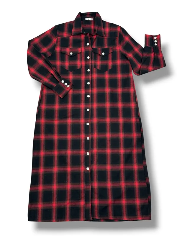 L&S‎ Plaid Snap Front Midi Duster Shirt Dress Shacket Red Black XL Western Boho - Image 11