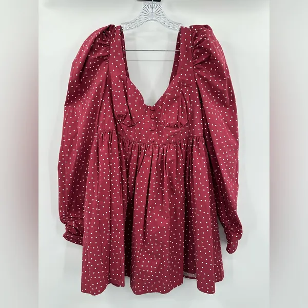 Asos Design‎ Red Burgundy Cotton White Polka Dot Babydoll Mini Dress Size 10 - Image 2