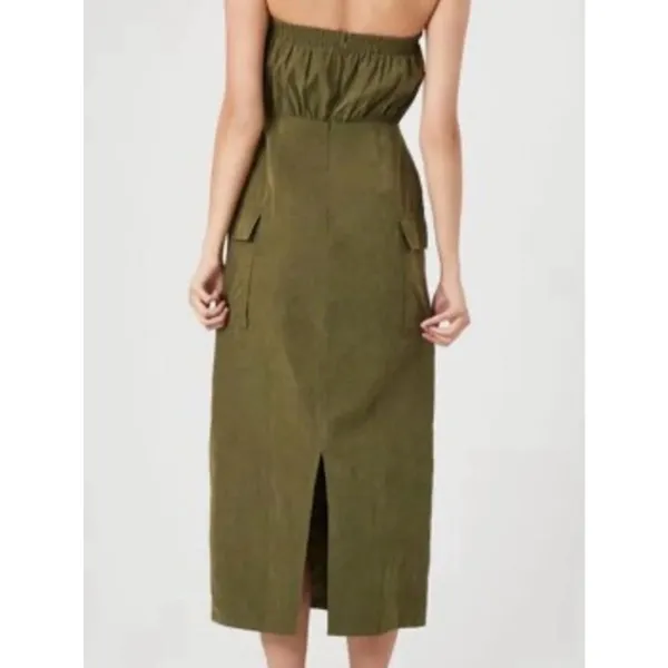 Forever 21 Olive Green Military Bandeau Midi Zip up women's dress, Size S - Image 3