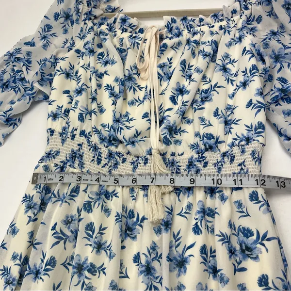 Love‎ Colette Off The Shoulder Maxi Dress Blue White Floral Womens Size Medium - Image 8
