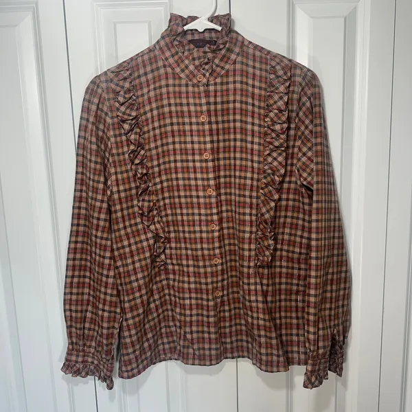 Plaid Ruffle Blouse Brown L Boho Prairie Cottagecore Fall Romantic Victorian Top - Image 2