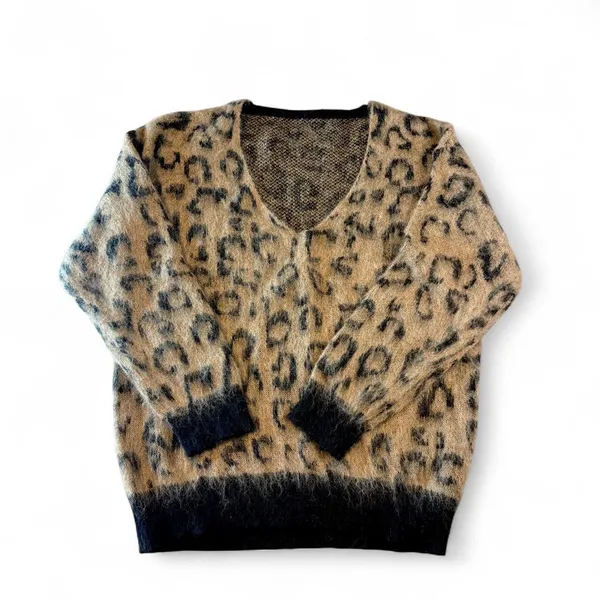 Leopard Print Fuzzy V-Neck Sweater Black Tan Knit Jumper Size L - Image 3