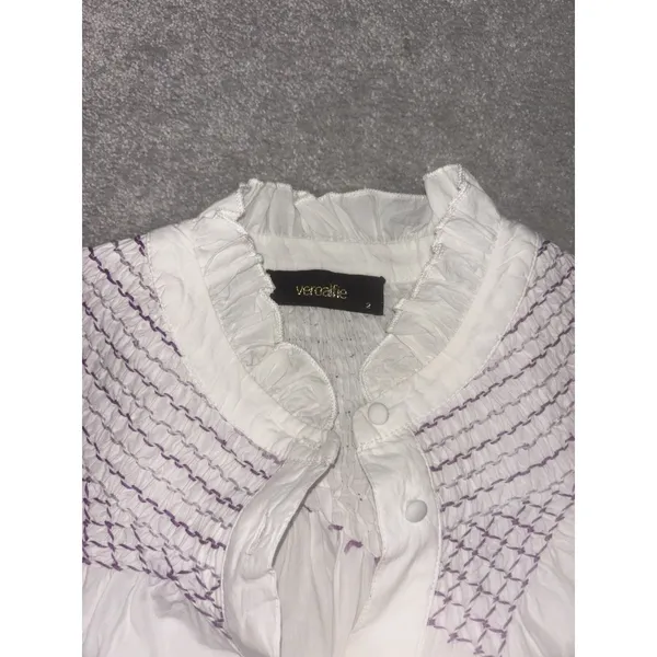 veroalfie‎ embroidered ruggle smocked blouse white Puff Sleeve Anthropologie 2 - Image 6
