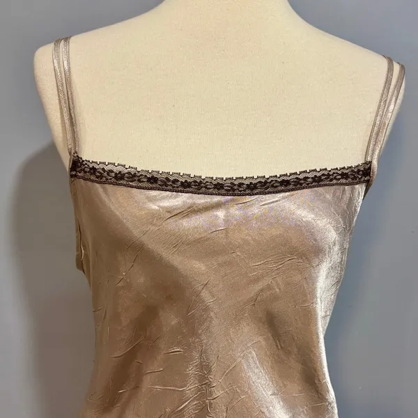 VTG Gold Champagne Satin Slip Dress Open Back Y2K Coquette Adjustable Tie Back - Image 5