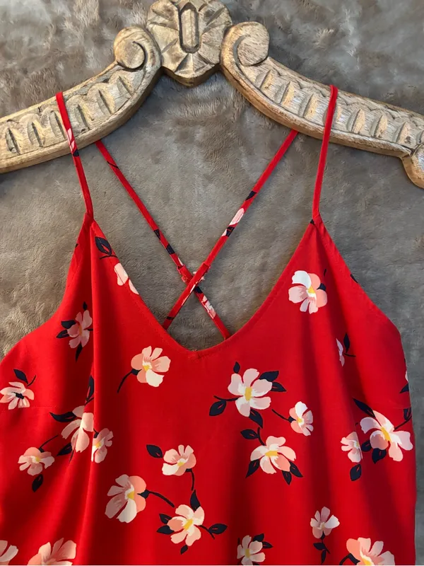 Old Navy Women’s Red Floral Midi Slip Dress with Crisscross Straps Size S - Image 3