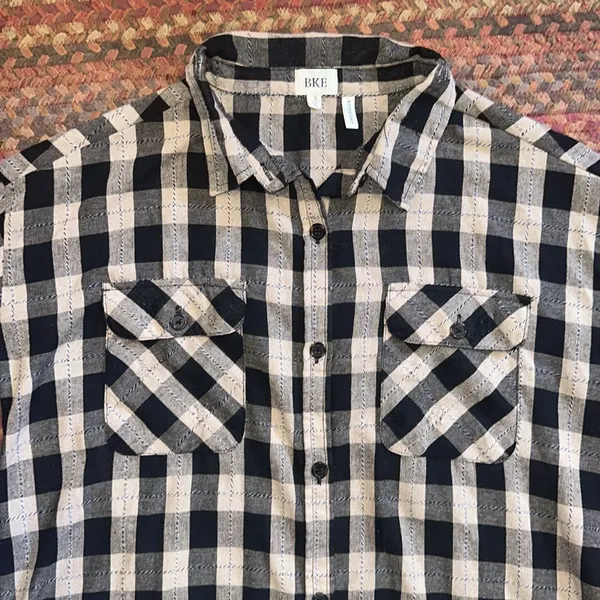 Bke Black & Tan Plaid Gingham Boyfriend Flannel Button Up - Image 3
