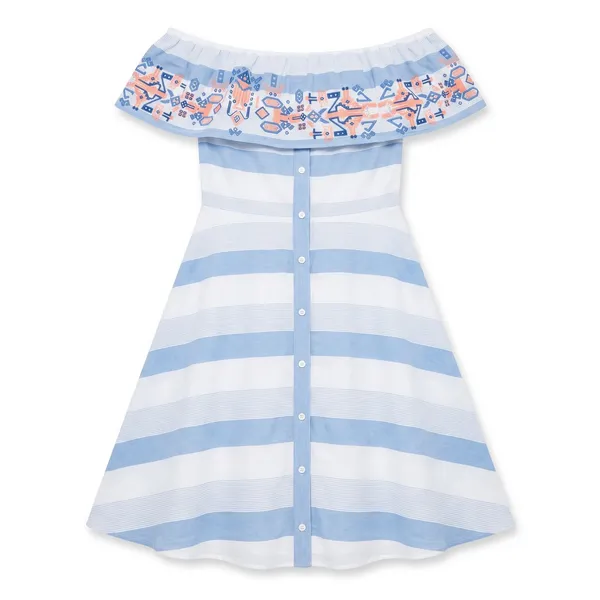 Sugarlips Embroidered Off Shoulder Striped Midi Dress Blue White D4843 Womens M - Image 13