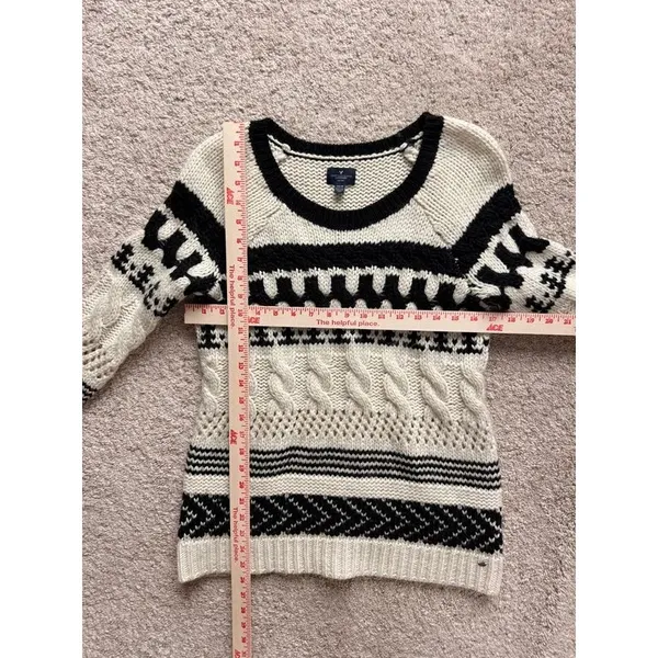 American Eagle Fair Isle Chunky Cable Knit Wool Blend Sweater Cream Black XS - Image 2