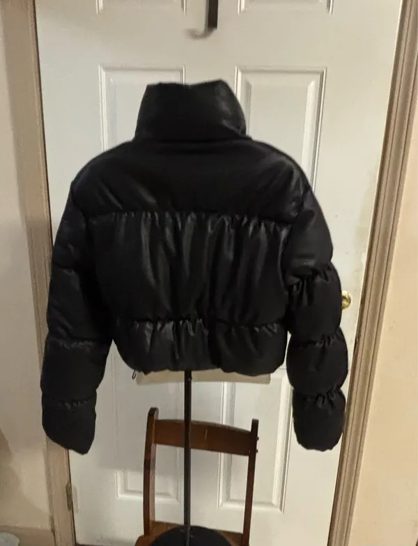 Large Ci Sono black mock neck, zip up faux leather puffer jacket - Image 2