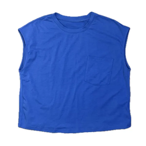 NWT Tankaneo Blue Cap Sleeve Crop Tank Top Pocket Crewneck Casual Small - Image 3