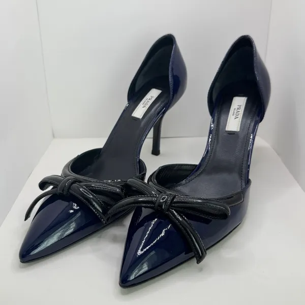 Prada Vintage 2000s Navy Patent Leather Bow D’Orsay Heels Italy 38 New with Box - Image 3