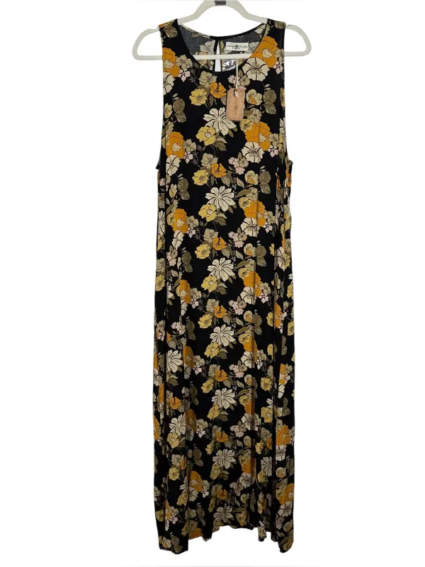 Natural Life Floral‎ Maxi Dress Black Yellow Sleeveless Pockets L/XL - Image 3