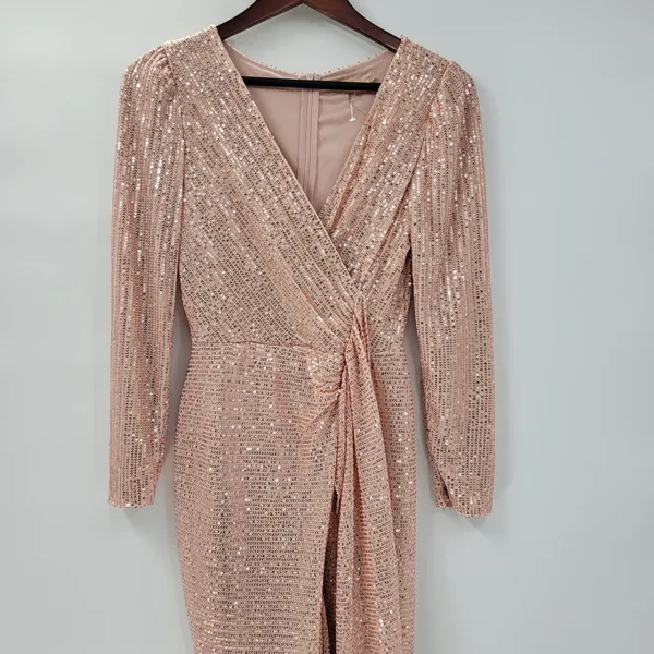 Sublime Sequined Gown S Pink Faux Wrap Long Puff Sleeve Tigh Slit Party Wedding - Image 6