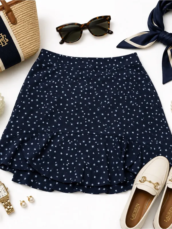Madewell Women’s 2 Black White Star Print 100% Silk Ruffle Hem Mini Skirt G9969 - Image 5