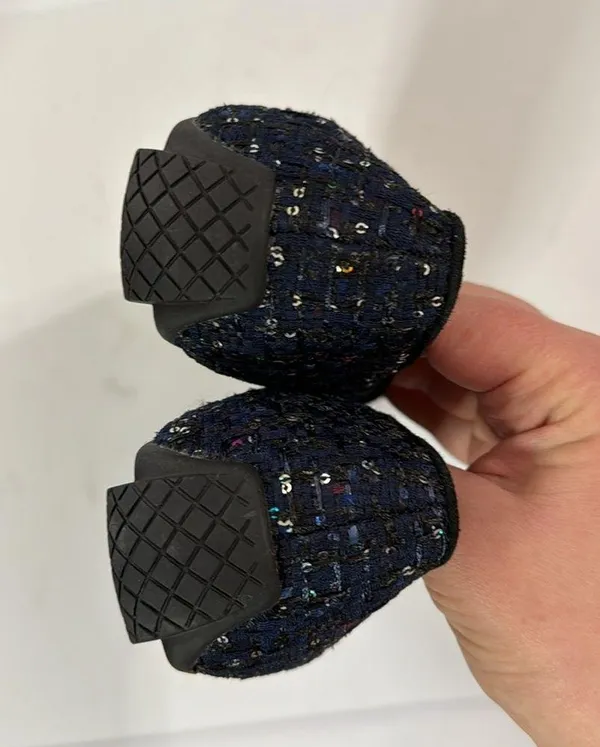 Talbots Francesca Tie Tassel Driving Moccasins in navy sequin tweed size 5.5 - Image 9