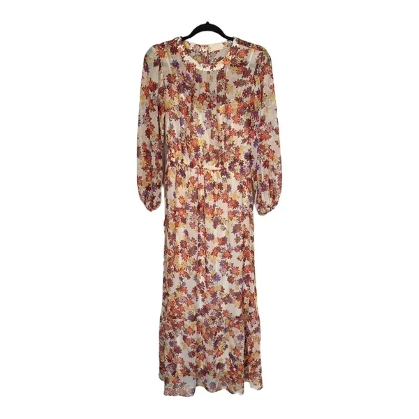 Maggy London Beige Floral Print Long Sleeve Chiffon Maxi Dress Size 4 New‎ - Image 2
