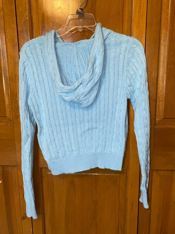 Blue Cable Knit Zip-Up Slim Fit Crop Knit Hoodie - Image 6