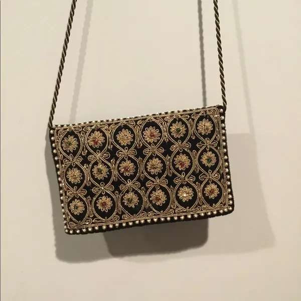 Vintage Beaded & Velvet Purse Gold - Image 2
