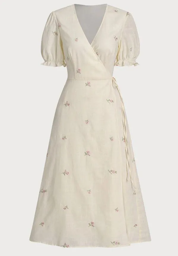 Rihoas Beige Embroidery Puffed Sleeve Wrap Midi Dress - Image 7