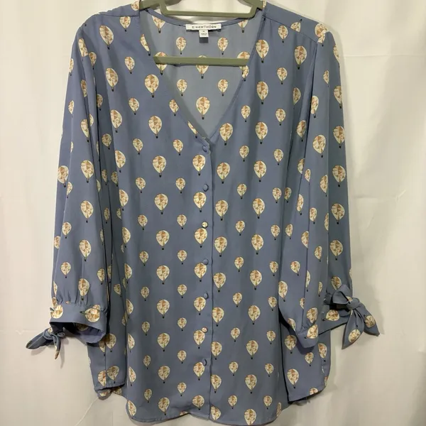 41 Hawthorn Top 2X Cute Blue Silky Hot Air Balloon Print Shirt Blouse Tie Sleeve - Image 2
