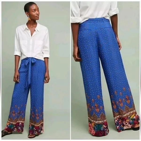 EttiTwa By Anthropologie Printed patterned Wide-Leg Trouser Pants size 14 Blue - Image 2
