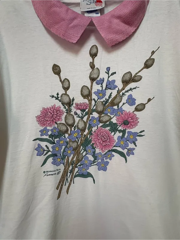 Vintage Grandmacore Floral Peter Pan Collar Tee M USA - Image 11