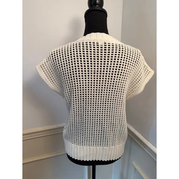 Open Knit Cream Cap Sleeve Sweater Pullover Breezy Summer Crochet Top Cover-Up - Image 5