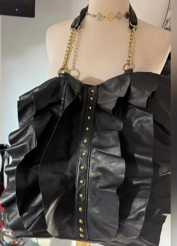 Designer Shoe Warehouse Black Faux Leather Ruffled Shoulder Tote Bag + Matching Pouch - Image 2