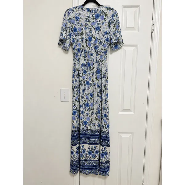 Angie Blue Floral Border Print Boho Maxi Wrap Dress Short Sleeve Rayon Medium - Image 5