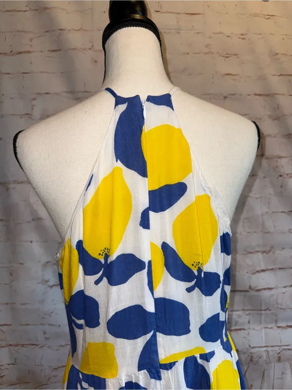 LOFT 10 Lemon Midi Dress Yellow Blue back zipper keyhole ruffles linen blend - Image 6