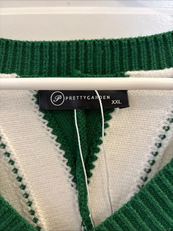 PrettyGarden XXL Green Cream Striped Oversized V Neck Sweater - Image 2