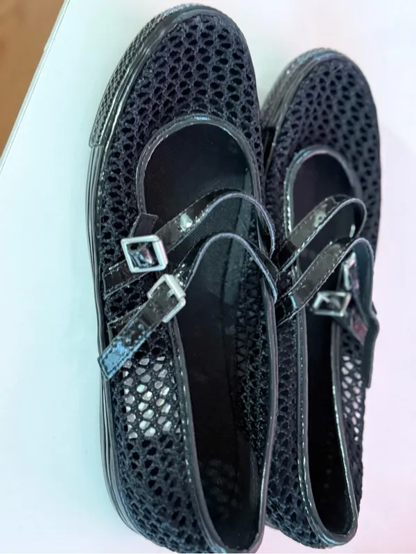 Converse Black Woven Mary Jane Flats with Patent Straps - Image 3
