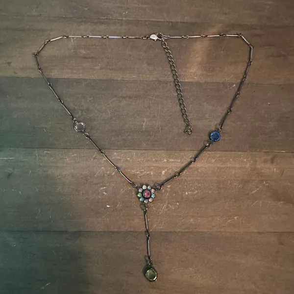 Silver Tone Rhinestone Y Necklace - Image 2
