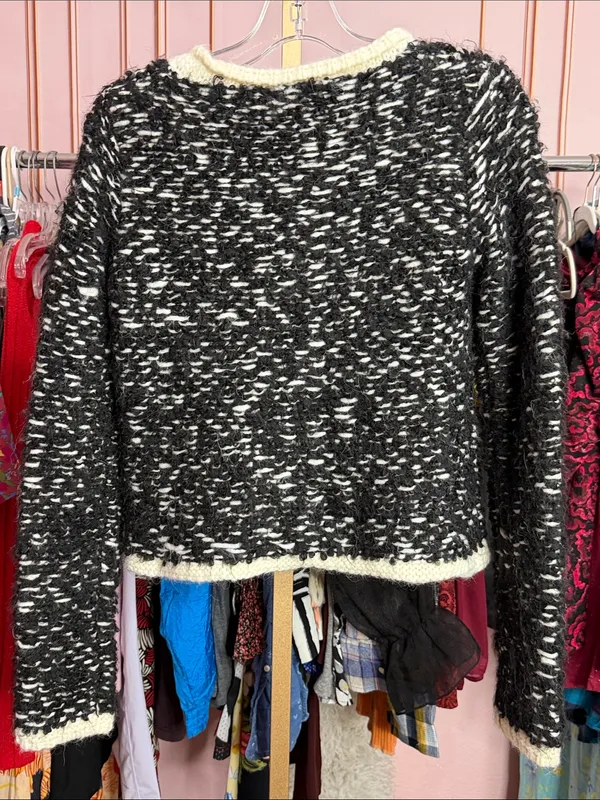 Napa Girls Black White Marled Knit Cardigan Cream Trim Button Front Sweater S - Image 7