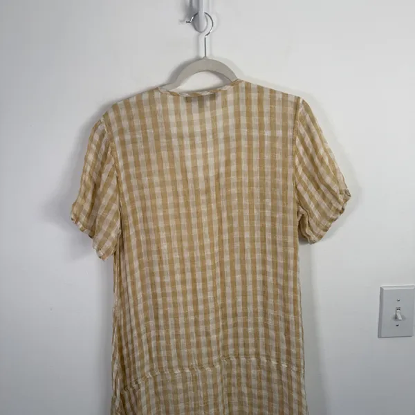 Flax 100% Linen Beige Tan Gingham Midi Dress Coastal Lagenlook Womens Small - Image 10