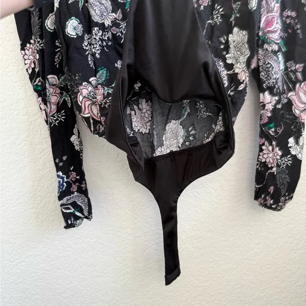 AFRM Surplice Long Sleeve‎ Bodysuit Puff Sleeve Black Pink Floral Small S - Image 5
