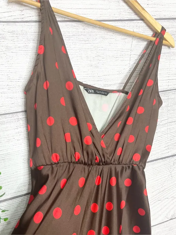 ZARA Brown & Red Polka Dot Sleeveless Midi Slinky Satin Slip Dress Size Small - Image 7