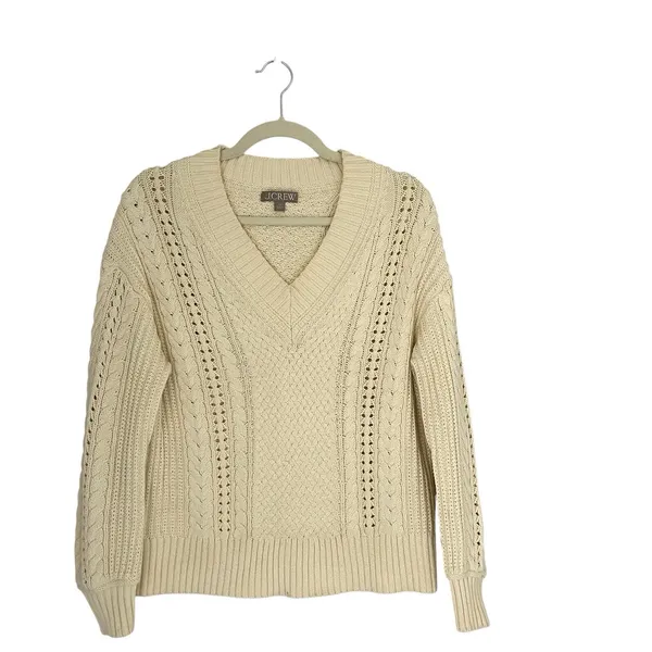 J. Crew Aran Cable Knit V-Neck Sweater Cream XS Tennis Prep Scandi Chic Preppy - Image 2