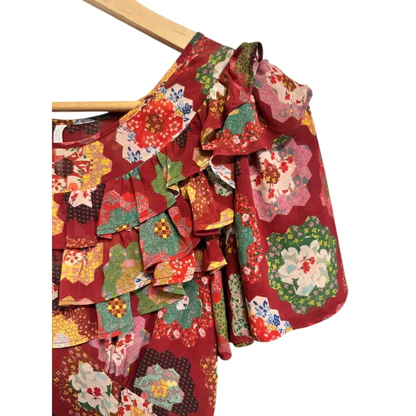 Urban Outfitters patchwork quilt print Ruffle Trim red multicolor maxi‎ dress XS - Image 4