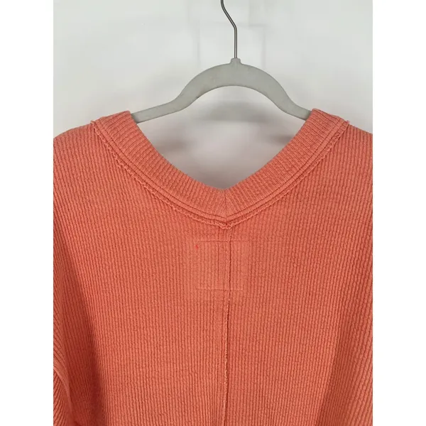AERIE Wonder Textured V-Neck Sweatshirt Women Small Peach Waffle‎ Knit Oversized - Image 11