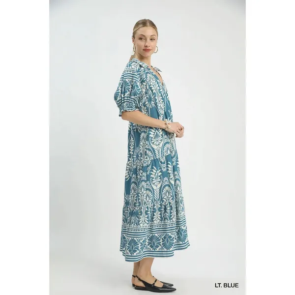 Umgee‎ Two tone Border Print Midi Dress - Lt. Blue - Small - Image 3