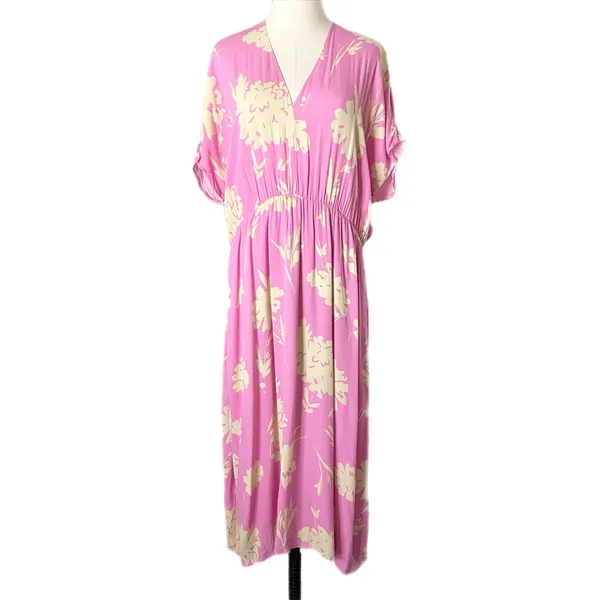 Samsoe Samsoe Andina Long Dress Pink Kirigami Floral V-Neck Pockets Size XS - Image 2