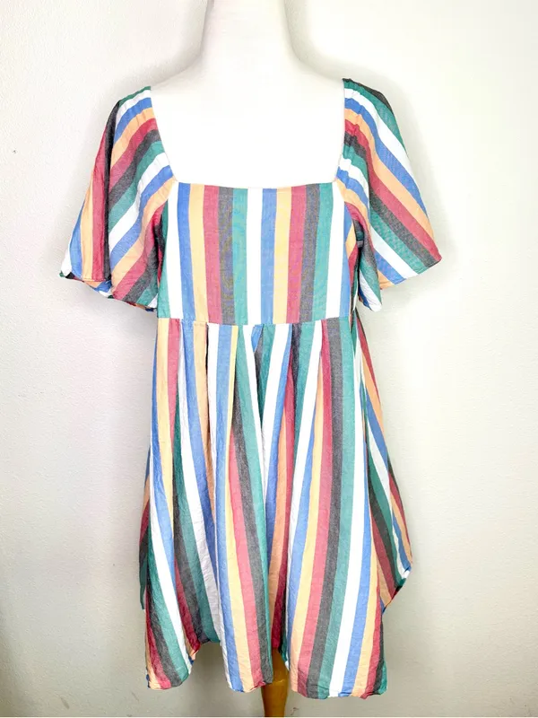 Madewell Dress Square-Neck Mini Festival Stripe Multicolor Flutter Sleeve - Image 3