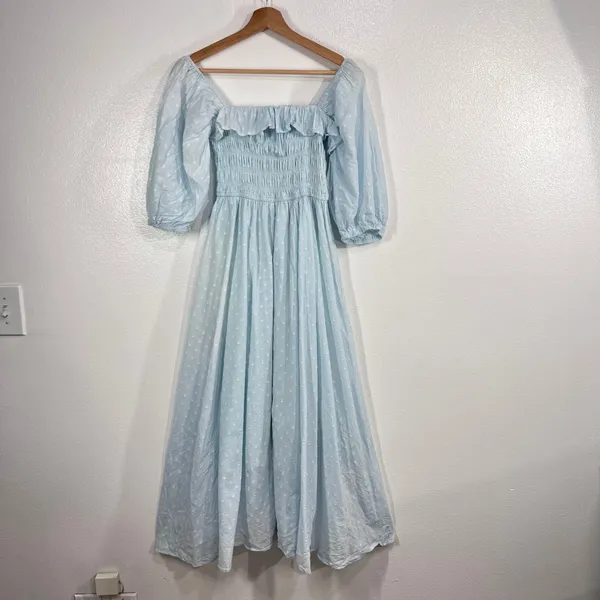 R.Vivimos Swiss Dot Smocked Maxi Dress Size Medium M‎ Light Blue Off Shoulder - Image 3