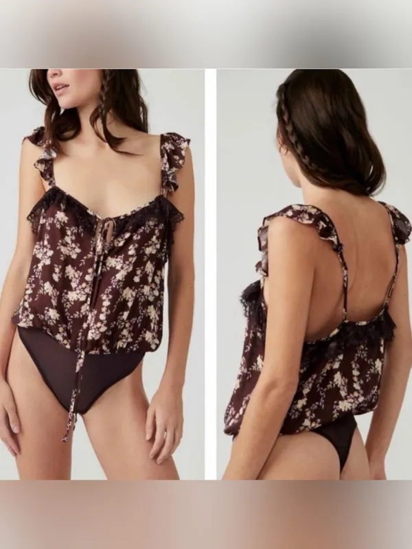 Free People Bodysuit Take It Away Brown Floral One Piece Bodysuit size large - Image 9