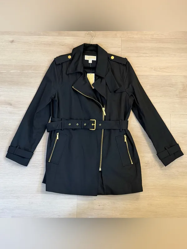 Michael Kors Black Asymmetrical Zip Trench Coat with Belt - Image 2