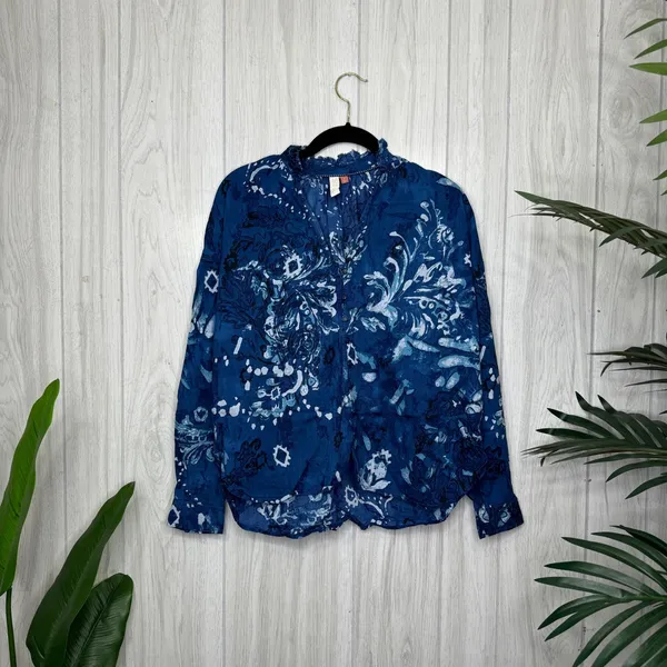 Anthropologie Pilcro The Tavi Ruffled Button Down Blouse Blue Batik Floral Small - Image 3