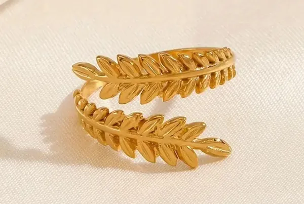 Vintage Leaf Design Adjustable Gold Plated Zinc Alloy Open End Leaf Ring - Image 5
