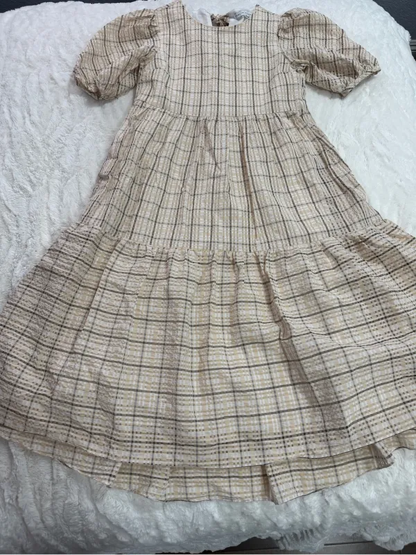 English Factory Plaid Puff Sleeve Tiered Midi Dress Small Neutral Cottagecore - Image 2