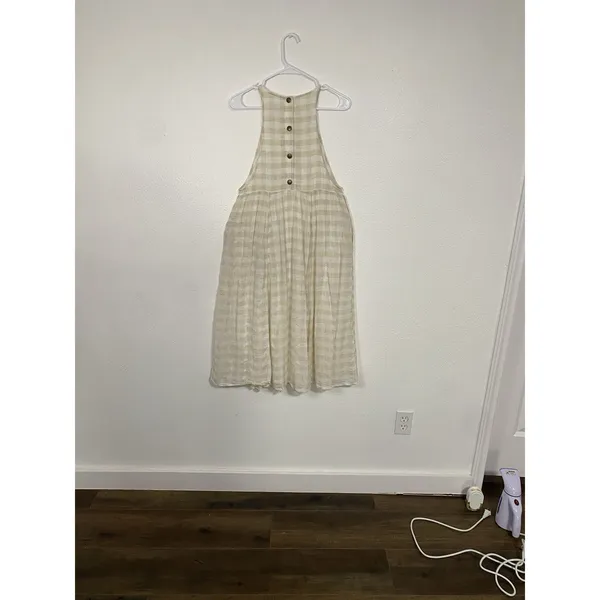 KIMCHI BLUE Size S Gingham White Beige Plaid Linen Cotton Pinafore Dress Snaps - Image 8